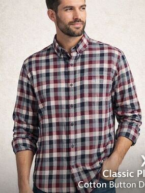 Haggar Plaid Button Down Shirt XL Burgundy Gray Cotton Long Sleeve